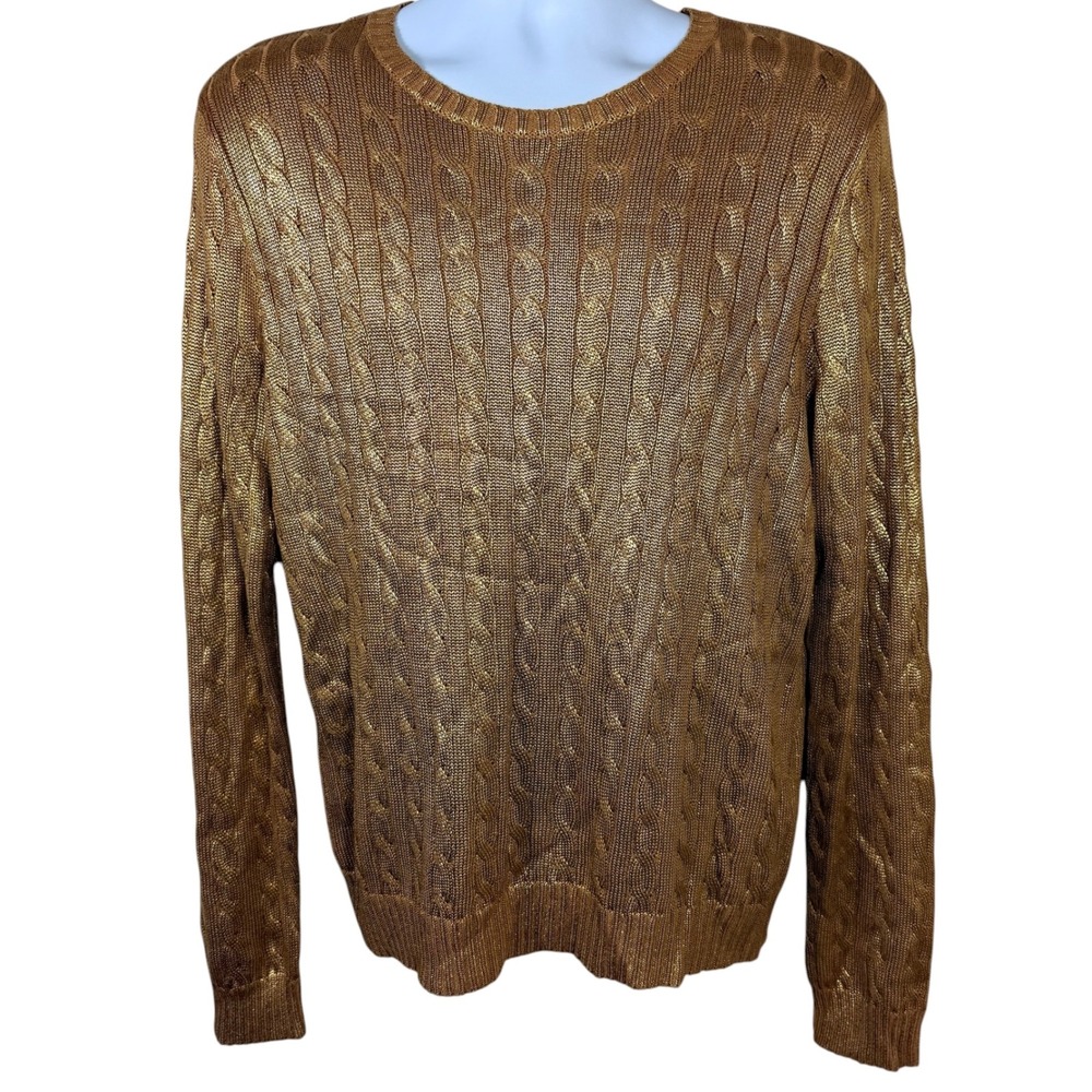 Lauren Ralph Lauren Metallic Gold Cable Knit Sweater XL Crew Neck Long Sleeve